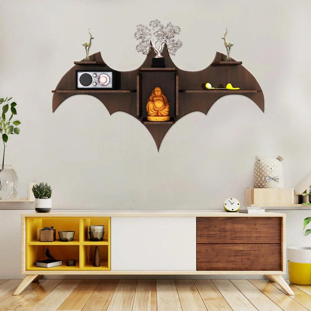 Bat Shape Backlit Designer Wooden Wall Shelf Book Shelf Night Light, Walnut Finish - Decor Mantra 