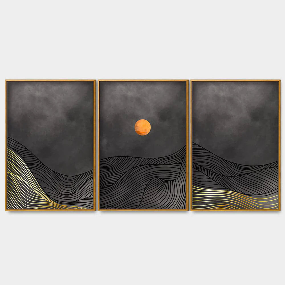 Beautiful Moon and Golden Mountains Line Art Floating Canvas Wall Painting Set of Three