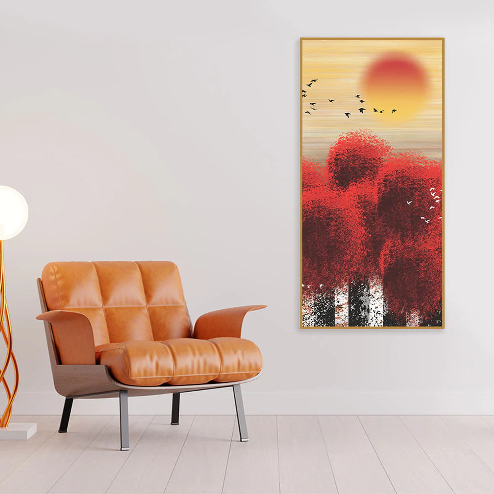 Beautiful Red Tree with Sunrise Scenery Canvas Wall Painting
