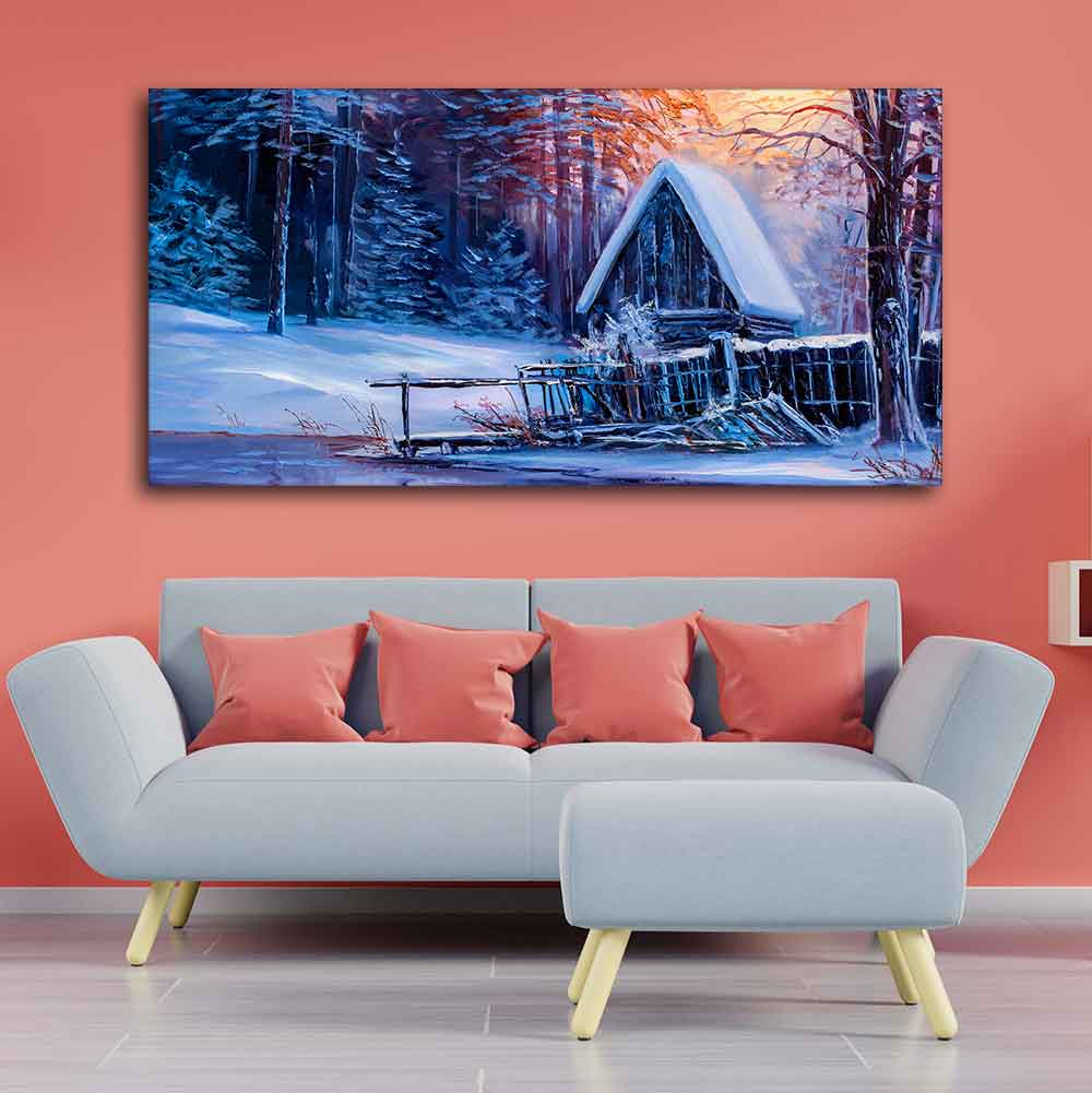 Beautiful Wall Painting of Old Hut in the Winter Forest