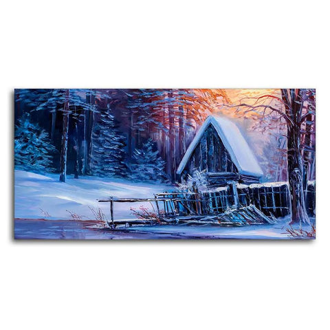 Beautiful Wall Painting of Old Hut in the Winter Forest