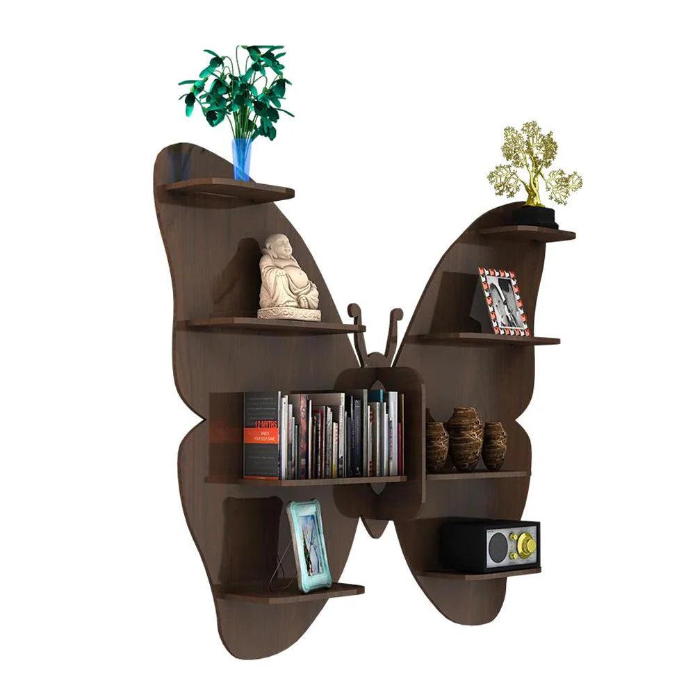 Butterfly Shape Backlit Designer Wooden Wall Shelf / Book Shelf / Night Light, Walnut Finish - Decor Mantra 