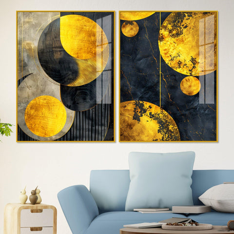 Modern Luxurious Golden Shapes Acrylic Floating Wall Painting Set Of 2 - Decor Mantra 