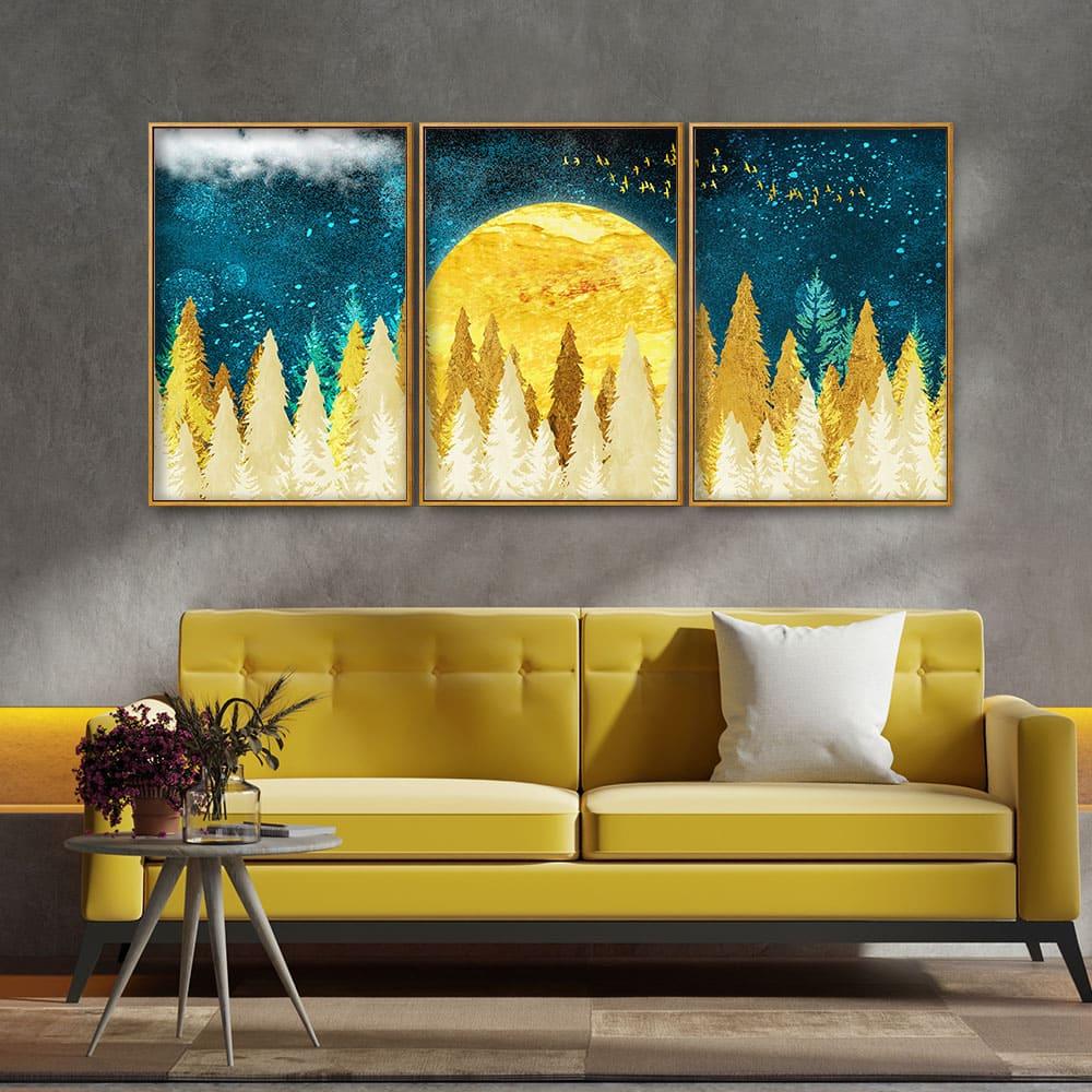 Golden Abstract Tree Premium Canvas Floating Canvas Wall Painting Set of Three - Decor Mantra 
