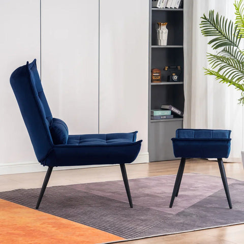 Navy Blue Plush Velvet Accent Chair With Footrest & Cushion