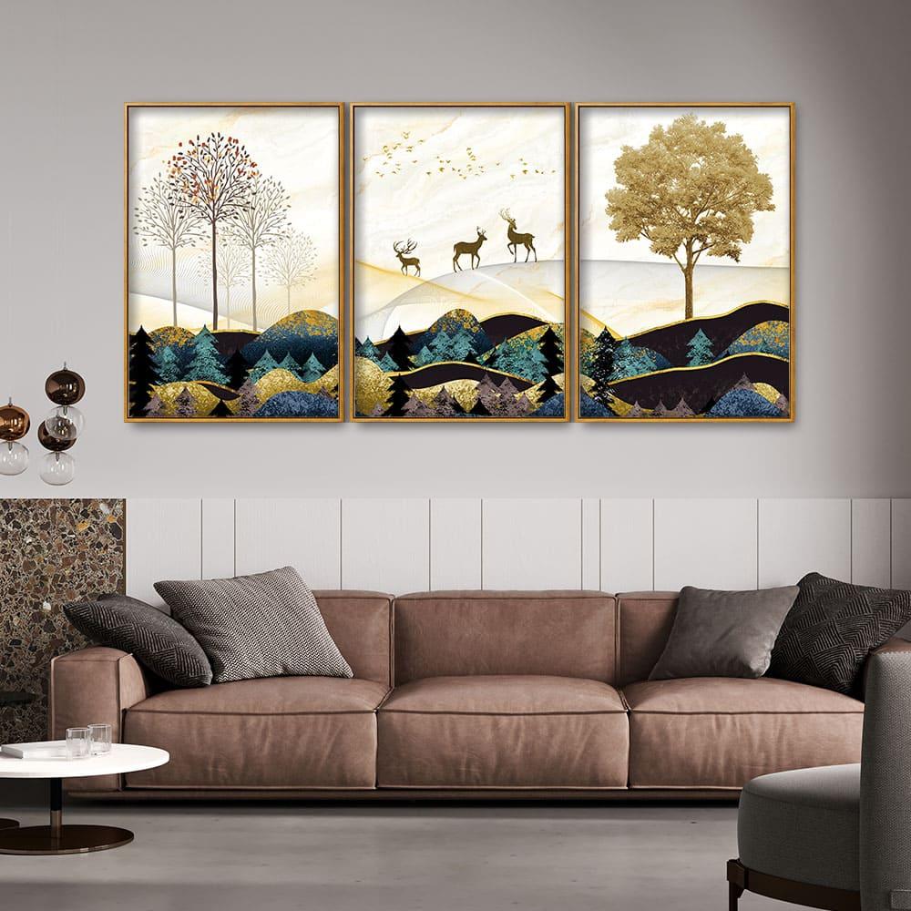 Abstract Golden Landscape Trees with Golden Deer Floating Canvas Wall Painting Set of Three - Decor Mantra 