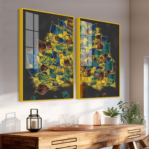 Luxury Golden Shiny Tufted Leaves Tree Acrylic Floating Wall Painting Set Of 2 - Decor Mantra 