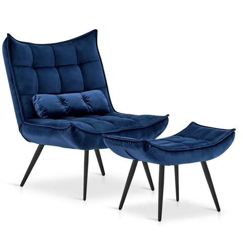 Navy Blue Plush Velvet Accent Chair With Footrest & Cushion
