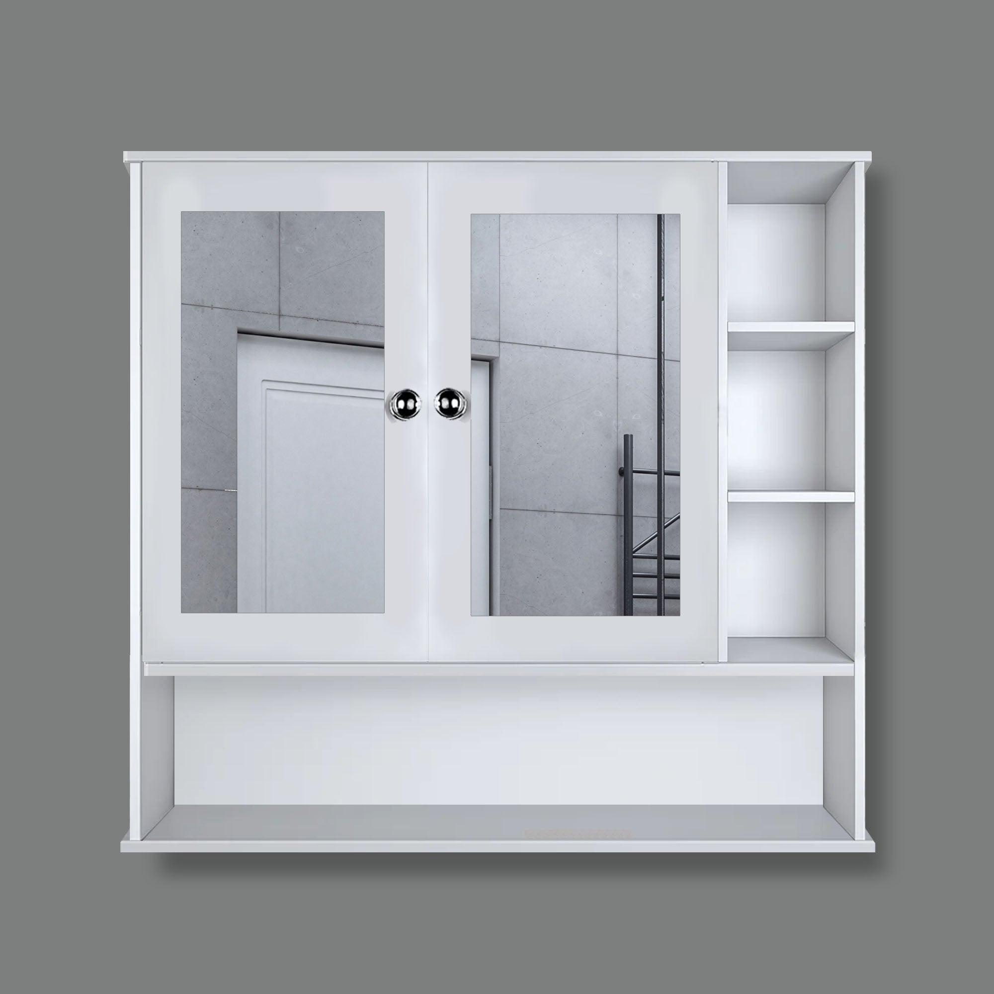 Premium Space Saving Bathroom Mirror Cabinet with 6 Spacious Shelves with Wooden White Finish - Decor Mantra 
