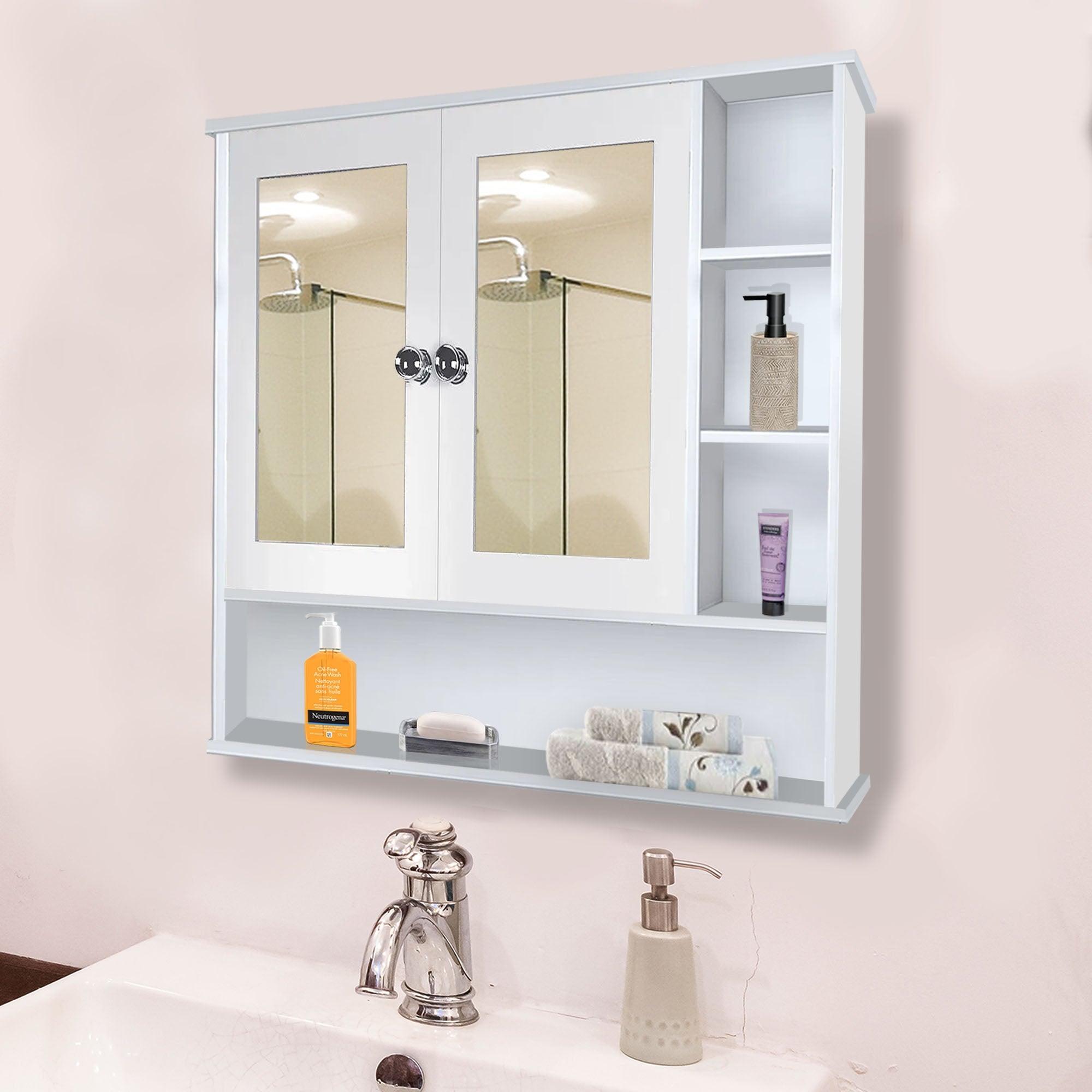 Premium Space Saving Bathroom Mirror Cabinet with 6 Spacious Shelves with Wooden White Finish