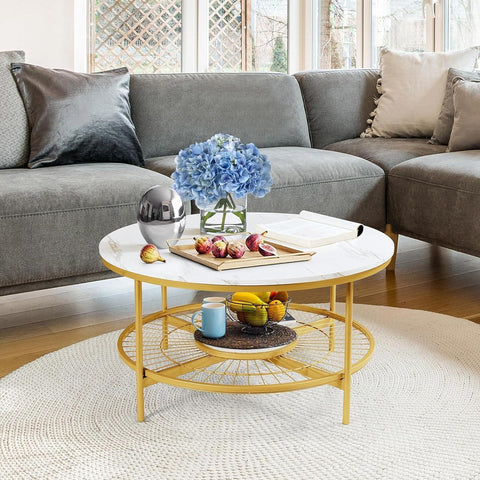 Designer Round Modern Center Table with White Marble Golden Metal Finish - Decor Mantra 