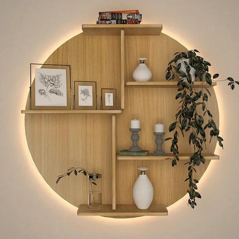 Circle Shape Backlit Designer Wooden Wall Shelf / Book Shelf / Night Light, Oak Finish - Decor Mantra 