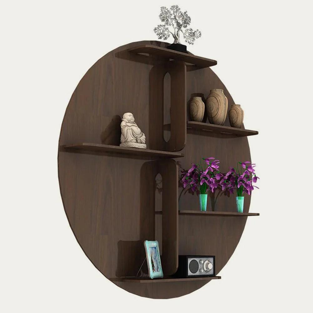 Circle Shape Dark Backlit Designer Wooden Wall Shelf / Book Shelf / Night Light, Walnut Finish - Decor Mantra 