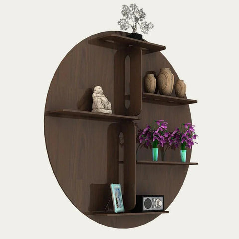 Circle Shape Dark Backlit Designer Wooden Wall Shelf / Book Shelf / Night Light, Walnut Finish - Decor Mantra 