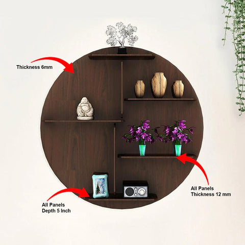 Circle Shape Dark Backlit Designer Wooden Wall Shelf / Book Shelf / Night Light, Walnut Finish - Decor Mantra 