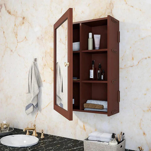 Classic Structured Wooden Bathroom Cabinet Mirror with 7 Spacious Shelves with Solid Brown Finish - Decor Mantra 