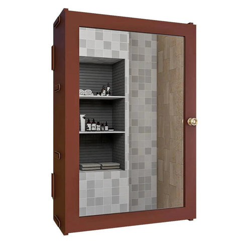 Classic Structured Wooden Bathroom Cabinet Mirror with 7 Spacious Shelves with Solid Brown Finish - Decor Mantra 