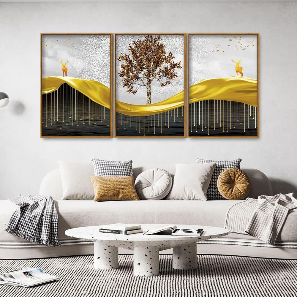 Beautiful Luxury Modern Art of Trees and Deer Floating Canvas Wall Painting Set of Three - Decor Mantra 