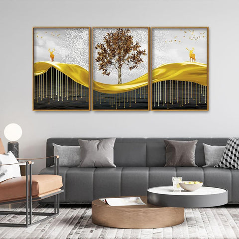 Beautiful Luxury Modern Art of Trees and Deer Floating Canvas Wall Painting Set of Three - Decor Mantra 