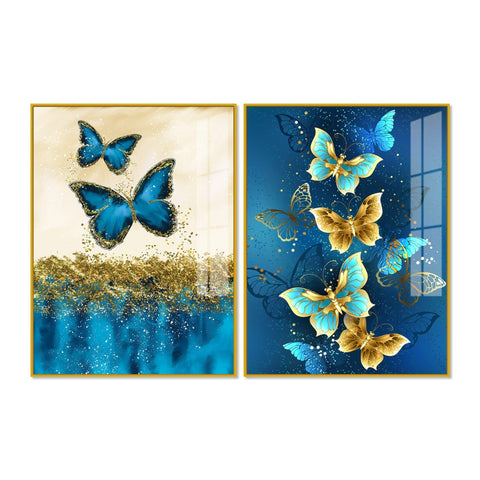 Blue and Golden Butterflies Acrylic Floating Wall Painting Set of 2 - Decor Mantra 