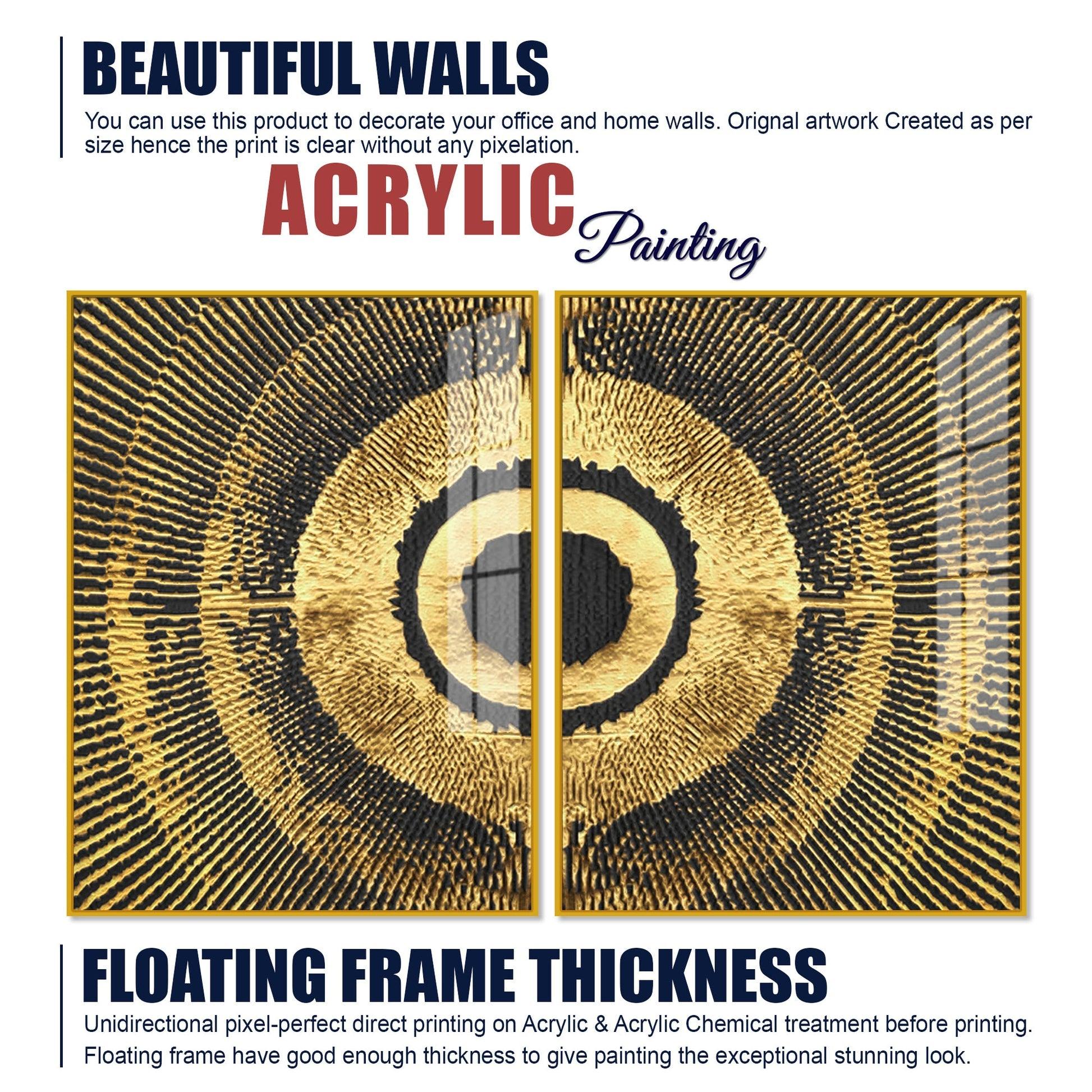 Golden 3D Pattern Acrylic Floating Wall Painting Set of 2 - Decor Mantra 