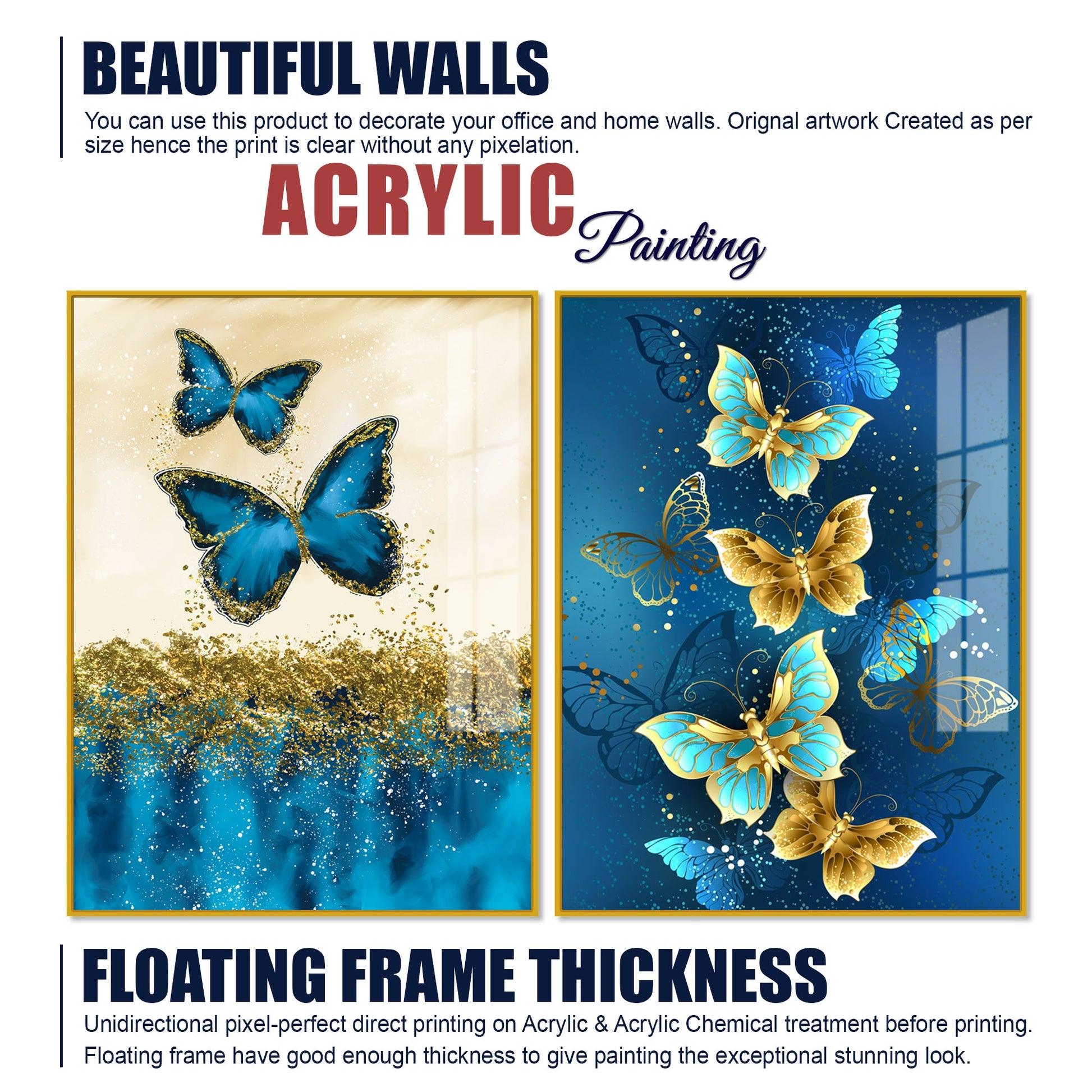 Blue and Golden Butterflies Acrylic Floating Wall Painting Set of 2 - Decor Mantra 