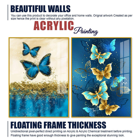 Blue and Golden Butterflies Acrylic Floating Wall Painting Set of 2 - Decor Mantra 