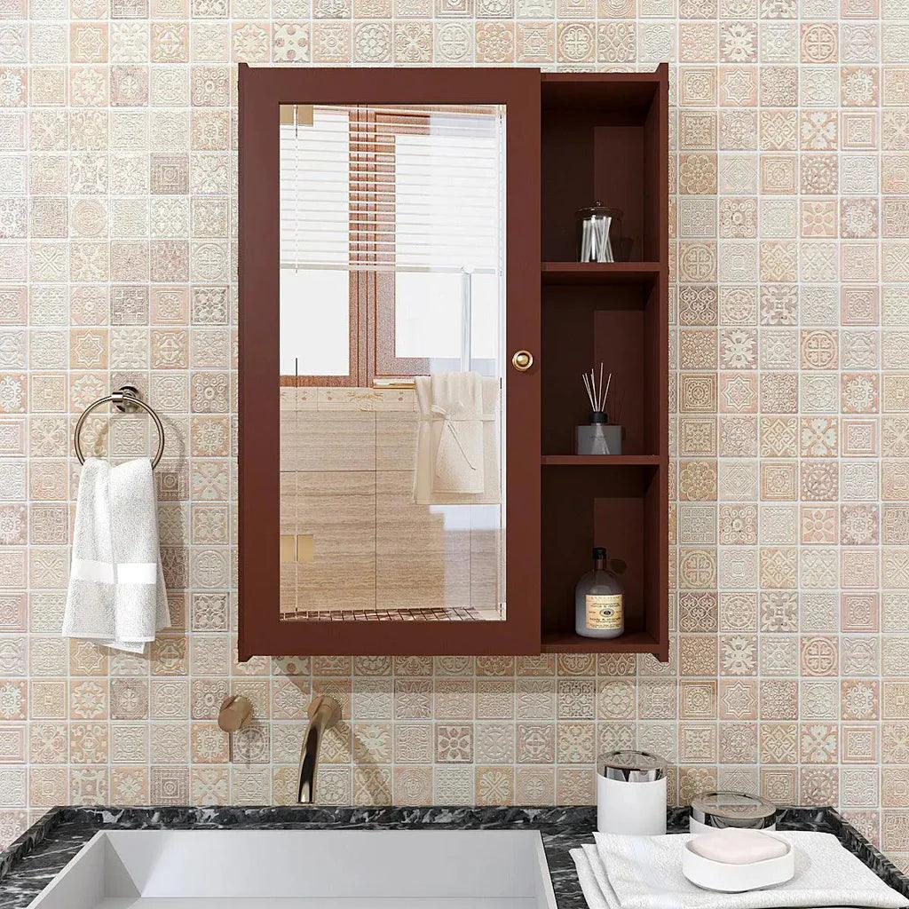 Designer Rectengular Shaped Wooden Bathroom Mirror Cabinet with 5 Spacious Shelves with Brown Finish - Decor Mantra 