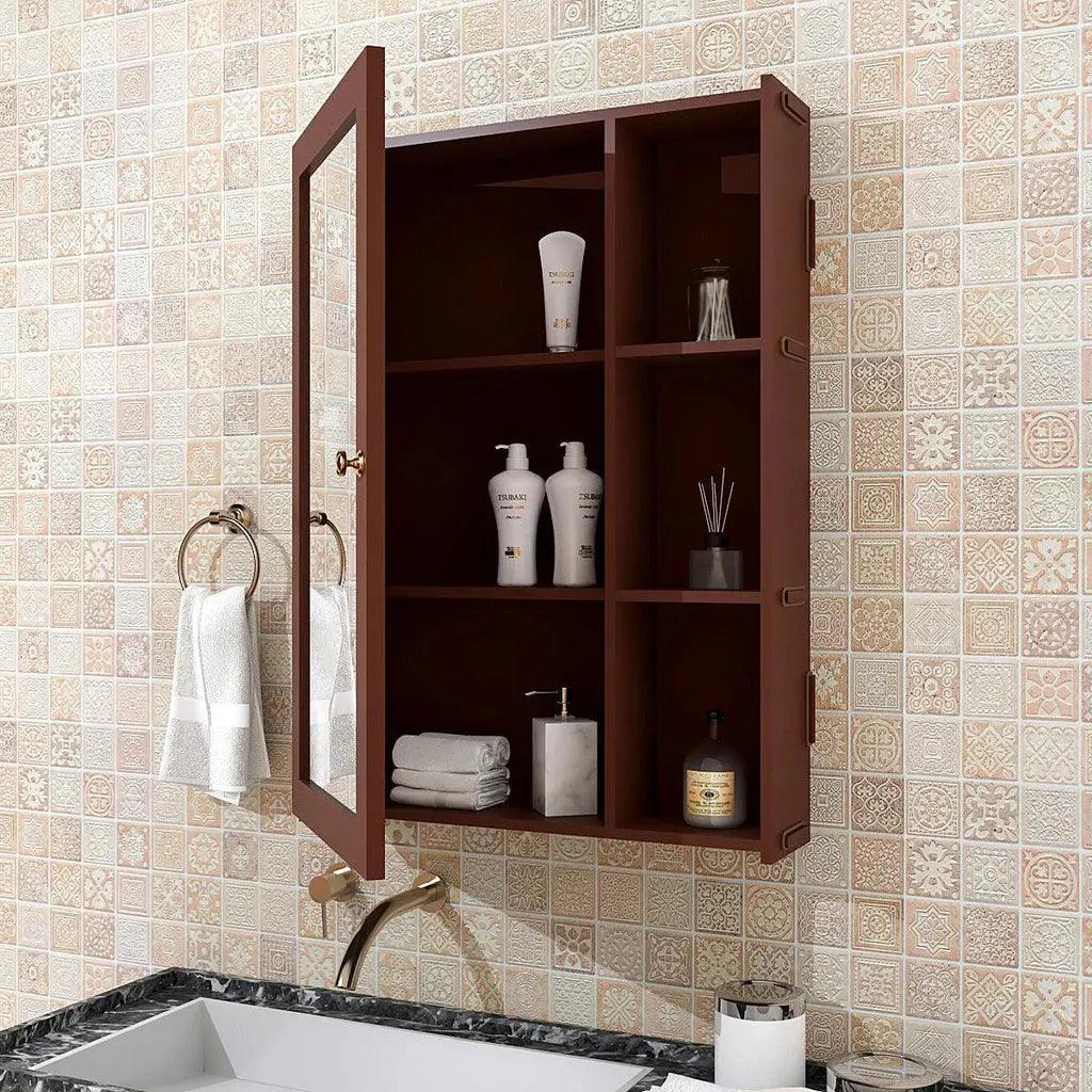 Designer Rectengular Shaped Wooden Bathroom Mirror Cabinet with 5 Spacious Shelves with Brown Finish - Decor Mantra 