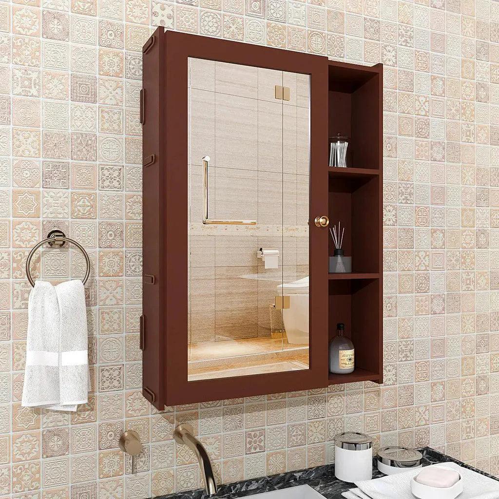 Designer Rectengular Shaped Wooden Bathroom Mirror Cabinet with 5 Spacious Shelves with Brown Finish - Decor Mantra 