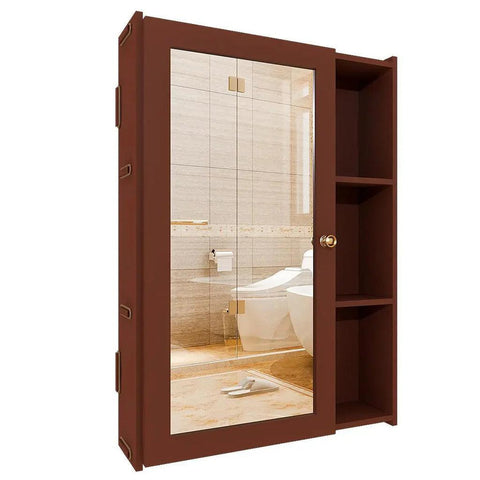 Designer Rectengular Shaped Wooden Bathroom Mirror Cabinet with 5 Spacious Shelves with Brown Finish - Decor Mantra 