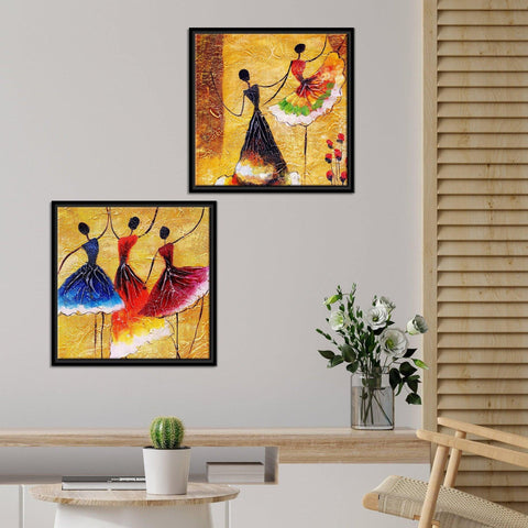 Dancing Women Warli Art Canvas Wall Painting of 2 Pieces Floating Frame - Decor Mantra 