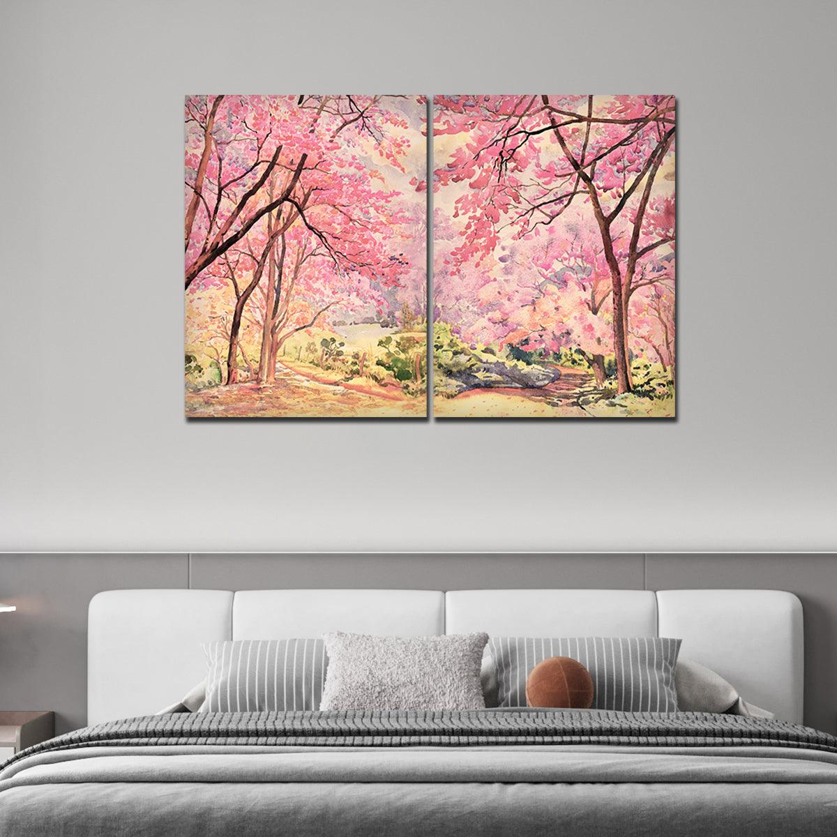 Pink Flower Trees Nature Forest Premium Bedroom Wall Painting - Decor Mantra 