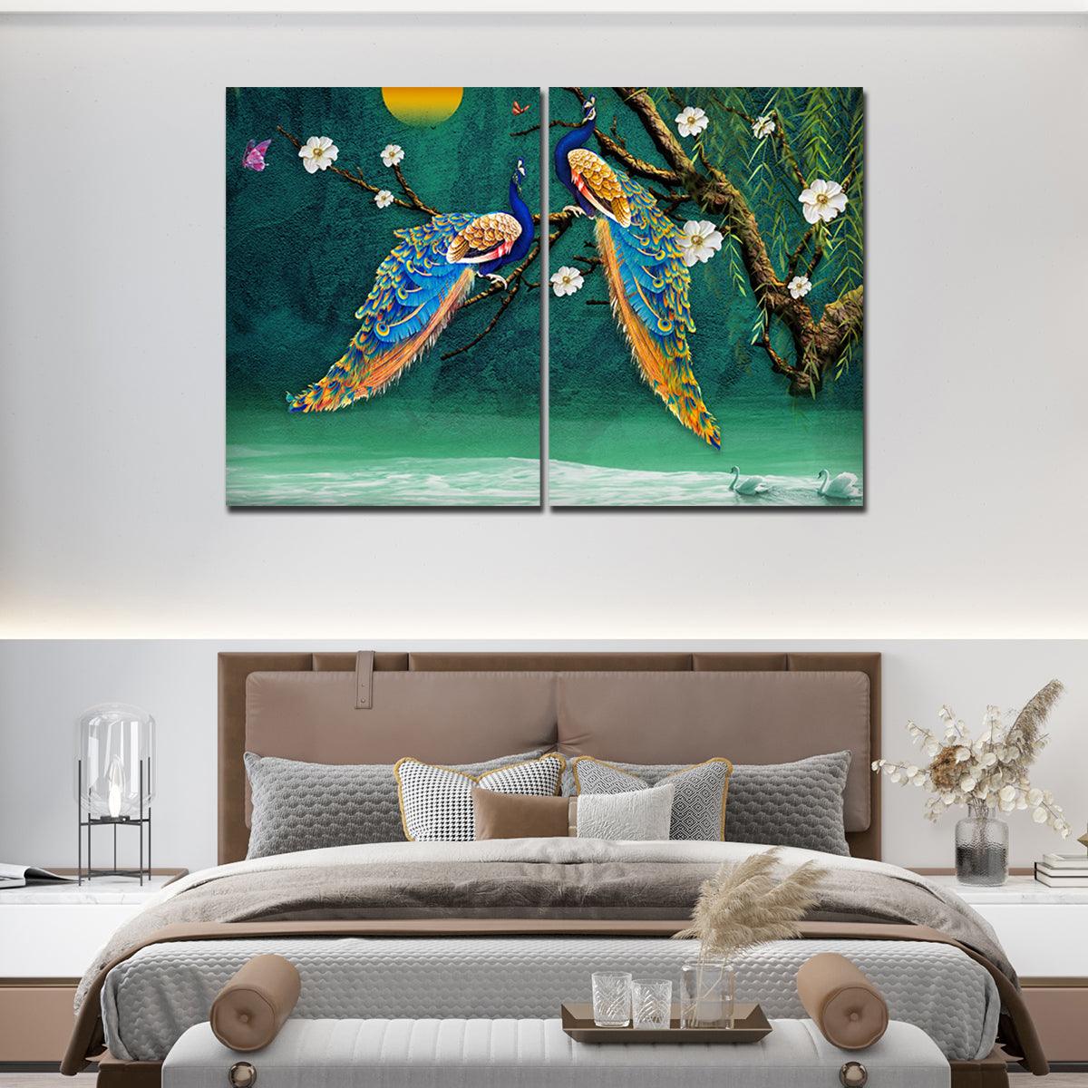 Canvas Bedroom Wall Painting of 2 Pieces Beautiful Bird Couple in Forest - Decor Mantra 