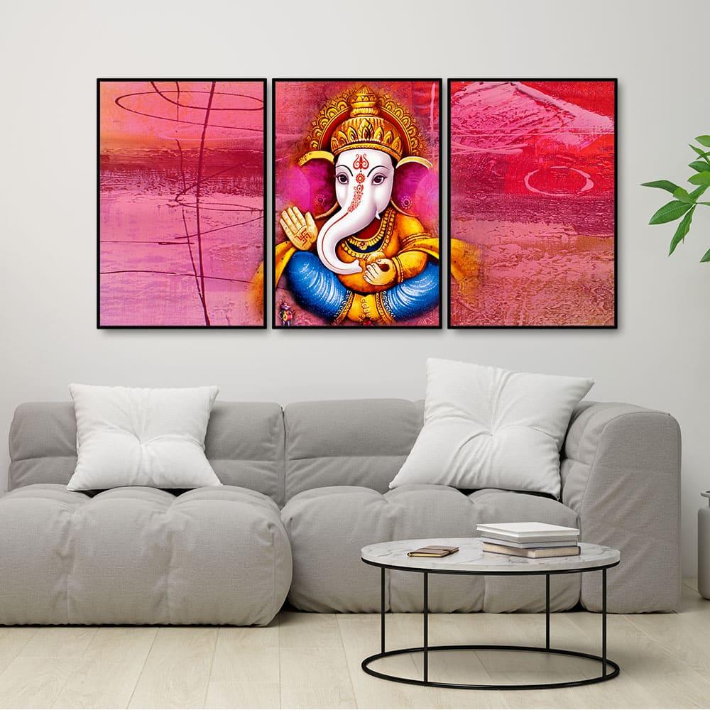 Lord Ganesha Abstract Art Floating Canvas Wall Painting Set of Three - Decor Mantra 