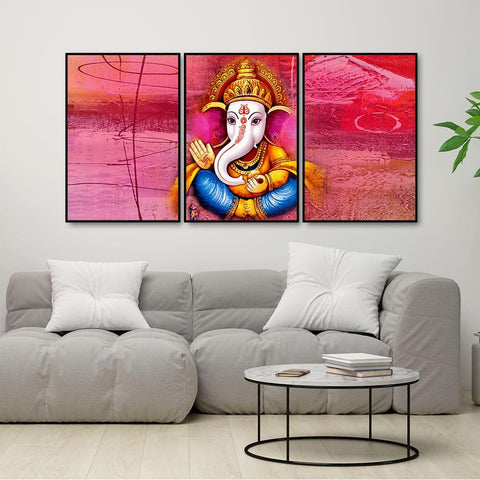 Lord Ganesha Abstract Art Floating Canvas Wall Painting Set of Three - Decor Mantra 