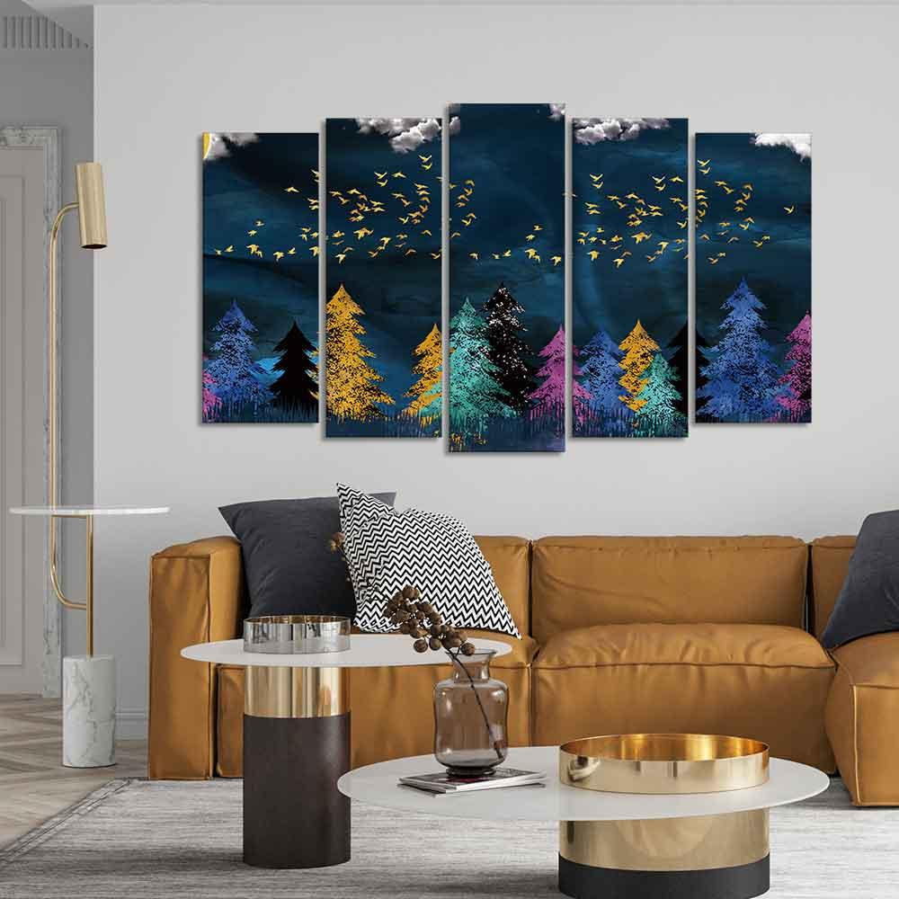 Golden Birds Flying over The Dark Forest Wall Painting of Five Pieces - Decor Mantra 