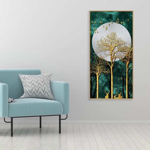Golden Tree with Moon and Flying Birds Premium Canvas Wall Painting - Decor Mantra 