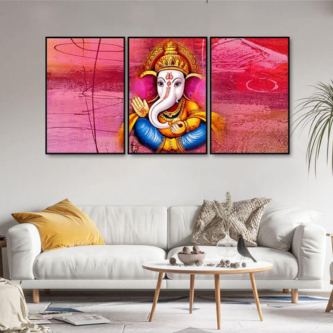 Lord Ganesha Abstract Art Floating Canvas Wall Painting Set of Three - Decor Mantra 