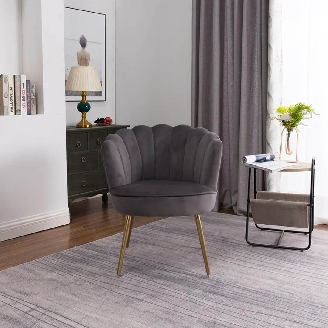 Grey Crafted Shell Shaped Designer Accent Chair