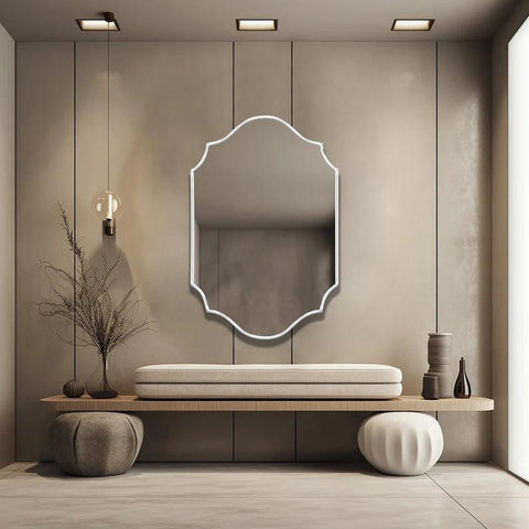 Elegant Irregular Quatrefoil Bathroom Decor Mirror with White Wooden Finish - Decor Mantra 