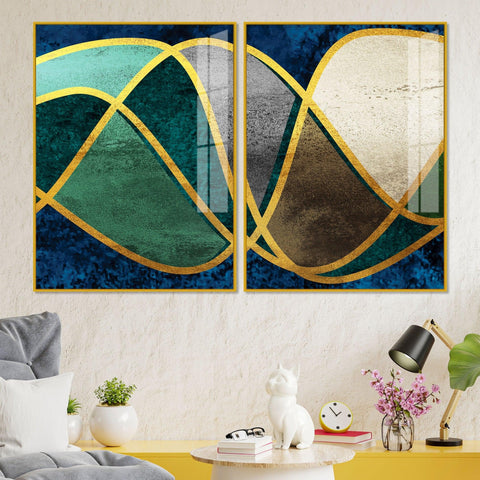 Luxury Golden Waves Line Art Premium Acrylic Floating Wall Painting Set Of 2 - Decor Mantra 