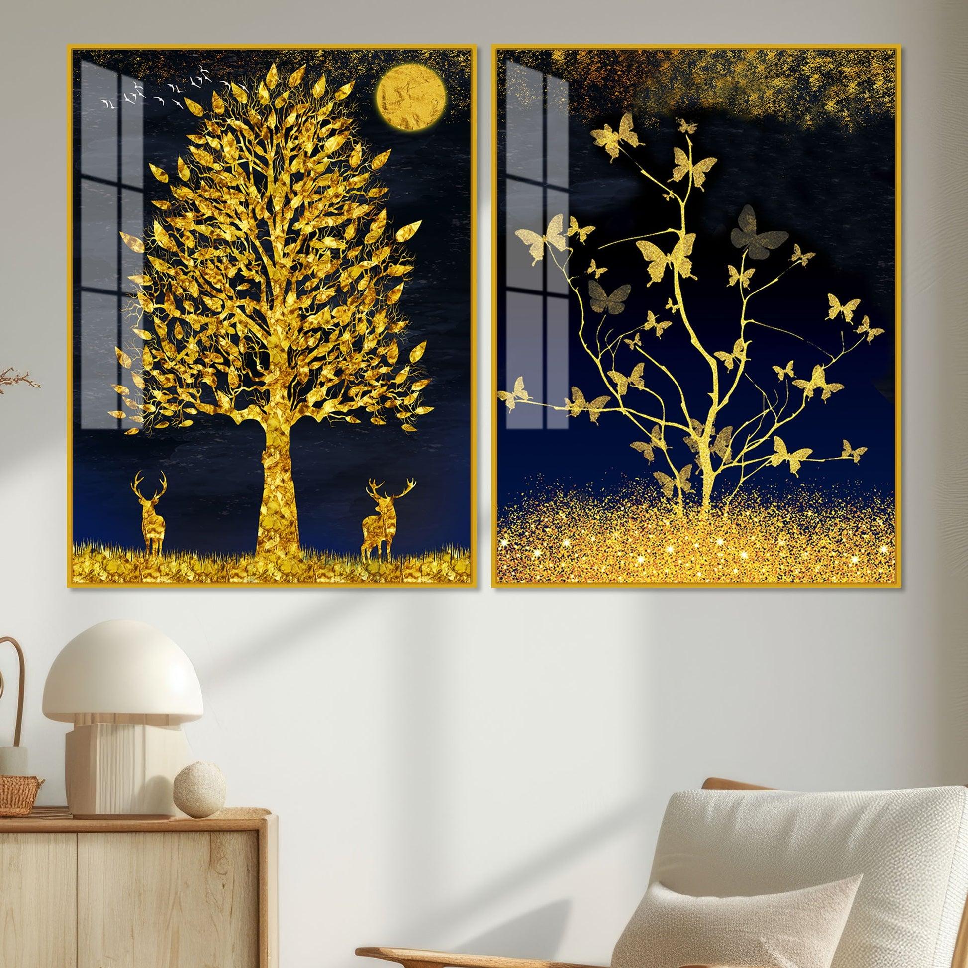 Abstract Golden Shiny Leaves Acrylic Floating Wall Painting Set Of 2 - Decor Mantra 