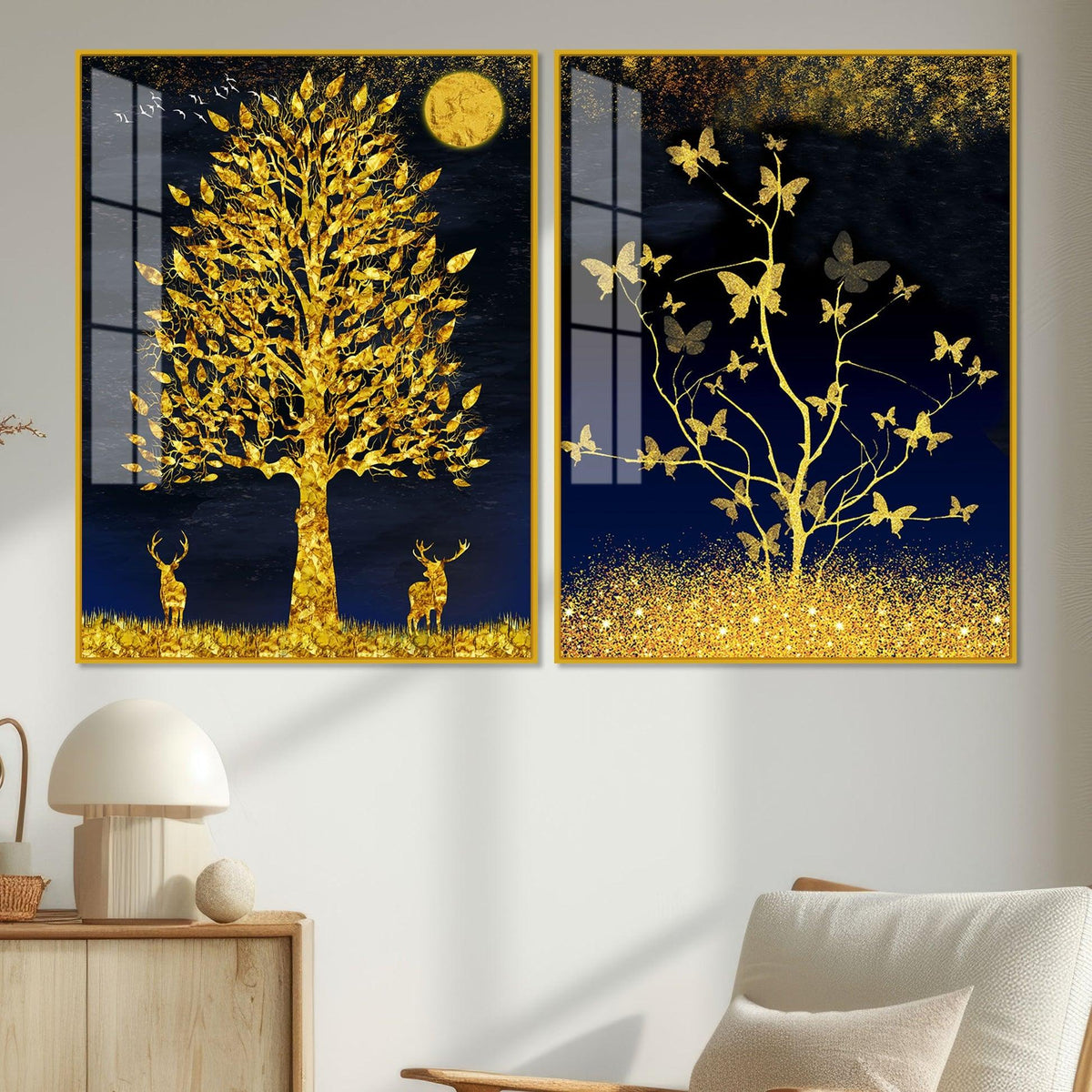 Abstract Golden Shiny Leaves Acrylic Floating Wall Painting Set Of 2 - Decor Mantra 
