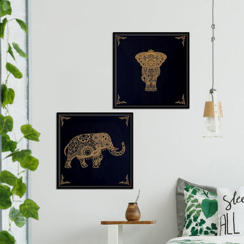Madhubani Art Elephant Canvas Wall Painting of Two Pieces Floating Frame - Decor Mantra 