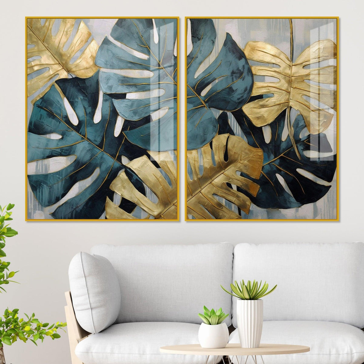Monstera Leaves Acrylic Floating Wall Painting Set of 2 - Decor Mantra 