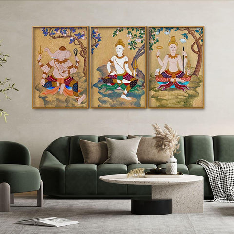 Hindu God Thai Style Art Canvas Floating Canvas Wall Painting Set of Three - Decor Mantra 