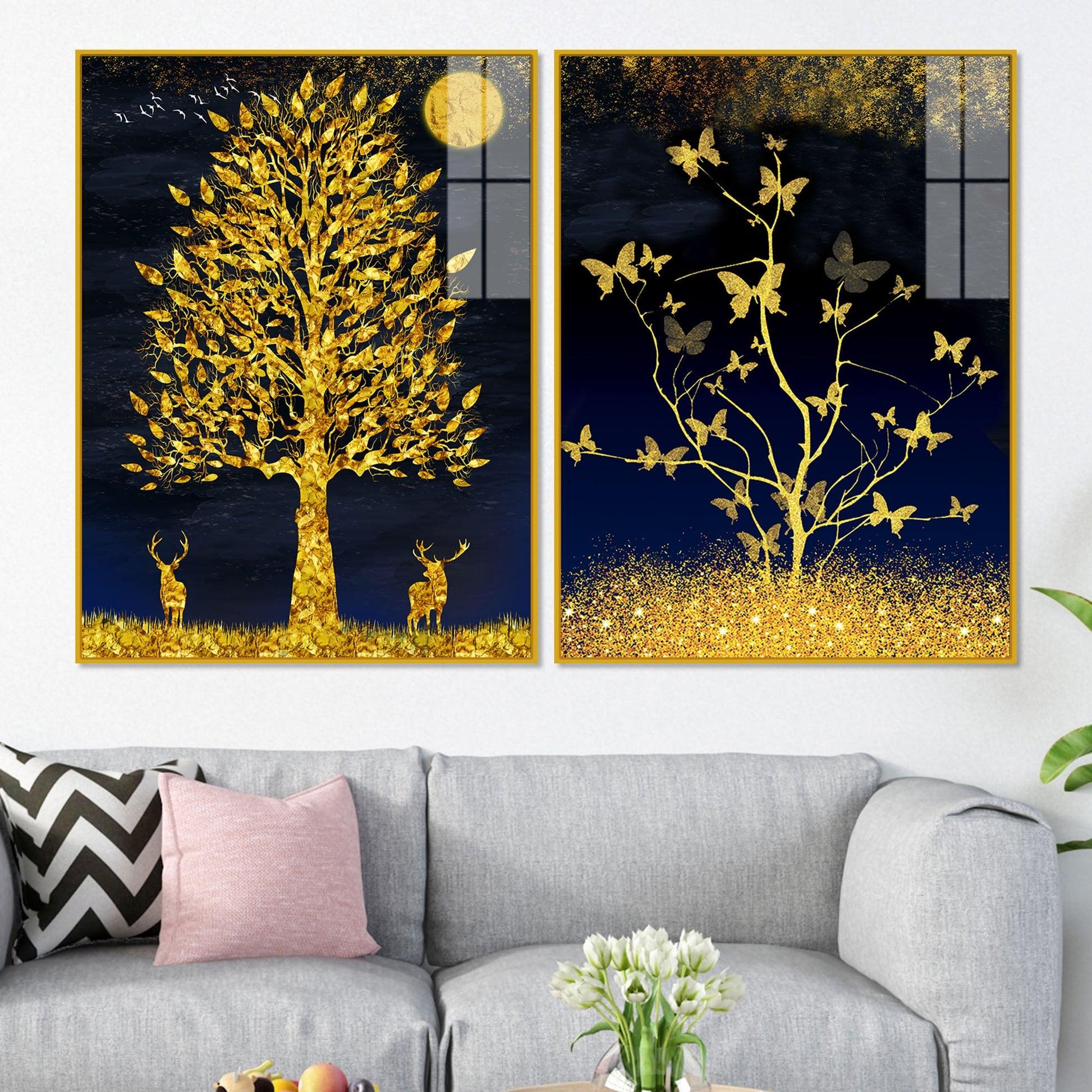 Abstract Golden Shiny Leaves Acrylic Floating Wall Painting Set Of 2 - Decor Mantra 