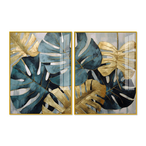 Monstera Leaves Acrylic Floating Wall Painting Set of 2 - Decor Mantra 