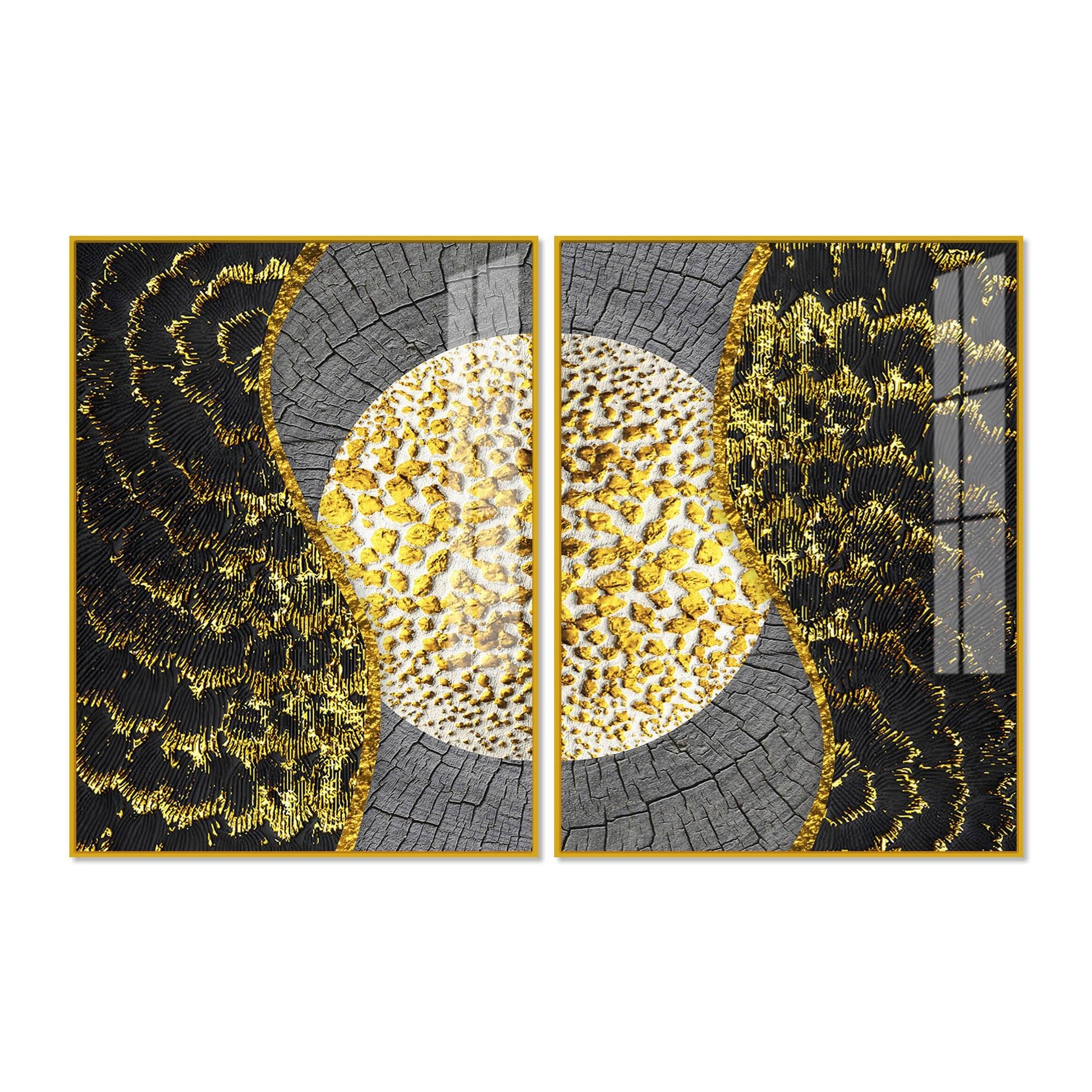Golden Textured Pattern Acrylic Floating Wall Painting Set of 2 - Decor Mantra 